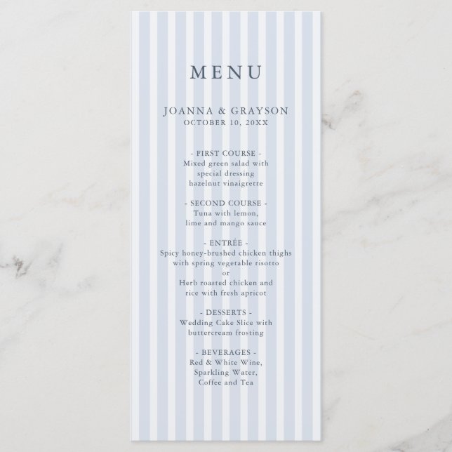 Menú Modern Classic Stripes Dusty Blue Vintage Wedding (Anverso)