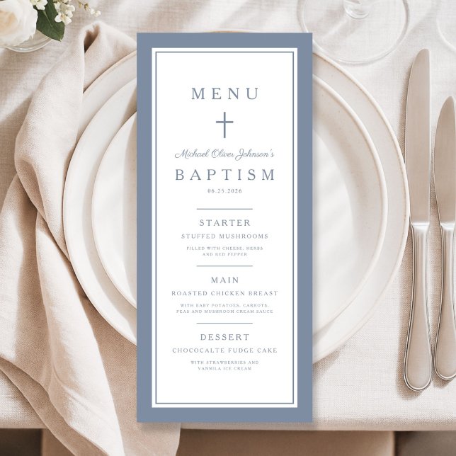 Menú Modern Dusty Blue Cross Boy Baptism (Modern Dusty Blue Cross Boy Baptism Menu)