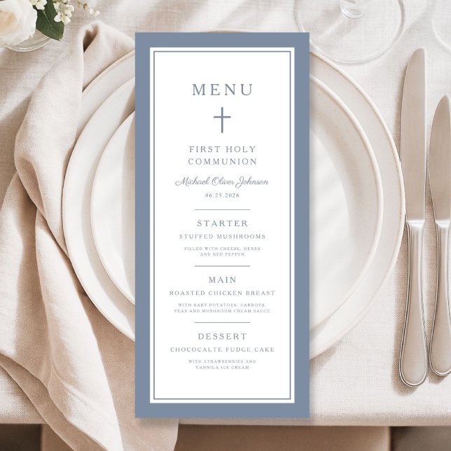 Menú Modern Dusty Blue Cross Boy First Communion (Modern Dusty Blue Cross Boy First Communion Menu)