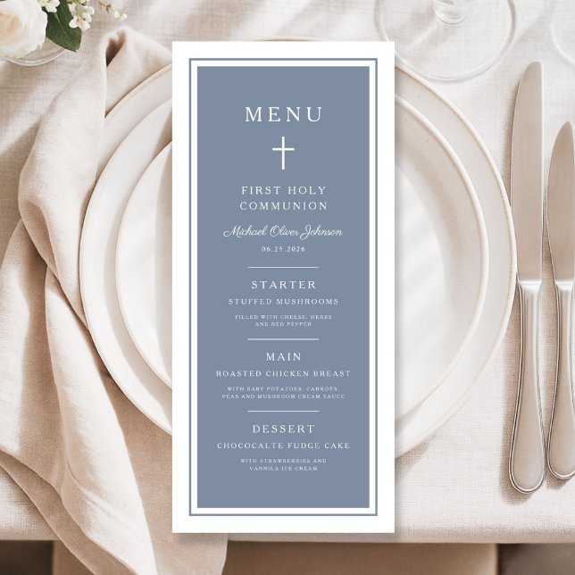 Menú Modern Dusty Blue Cross Boy First Communion (Modern Dusty Blue Cross Boy First Communion Menu)