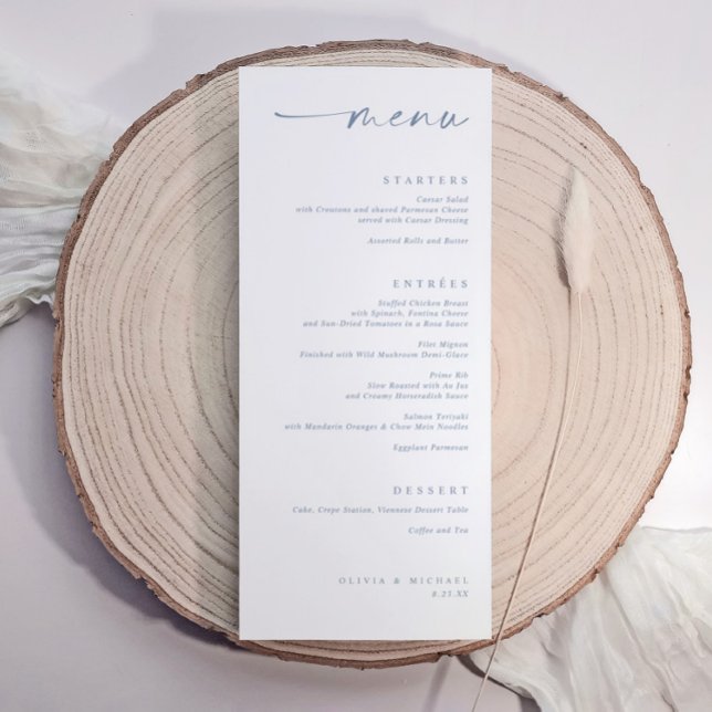Menú Modern Dusty Blue Minimalist Handwriting Wedding (Elegant wedding menu with dusty blue handwritten calligraphy and minimalist modern layout.)