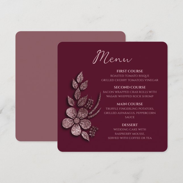 Menú Modern Elegant Rose Gold Glitter Floral & Burgundy (Anverso / Reverso)