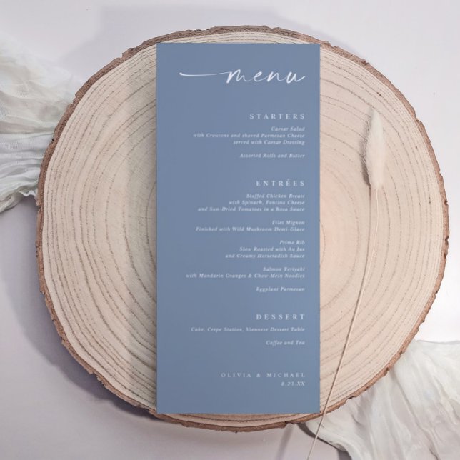 Menú Modern Minimalist Elegant Dusty Blue Wedding (Dusty blue wedding menu with elegant handwritten script and minimalist modern typography.)