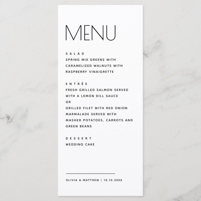 Menú Modern Minimalist Wedding. Simple Clean Typography (Anverso)