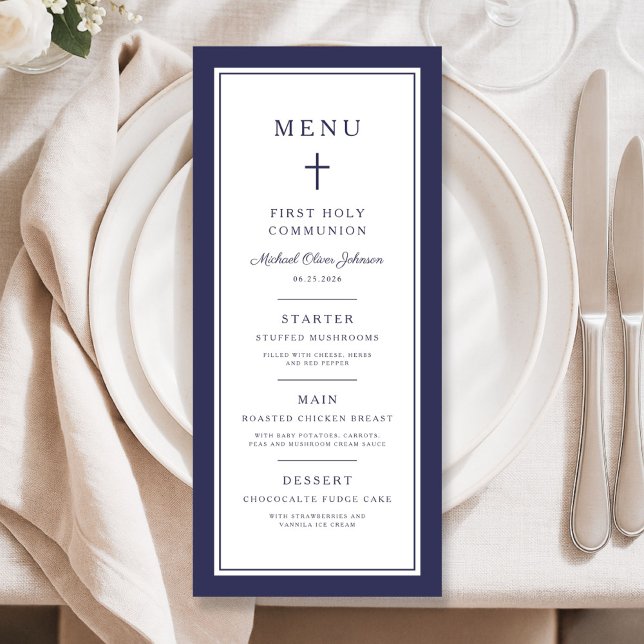 Menú Modern Navy Blue Cross Boy First Communion (Modern Navy Blue Cross Boy First Communion Menu)