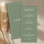 Menú Modern sage green minimalist wedding<br><div class="desc">Modern and simple wedding menu in sage green. Clean and easy-to-read design that matches a minimalist modern wedding theme. Includes course description - starter,  main course,  desert and drinks information which is easy to edit and personalize.</div>