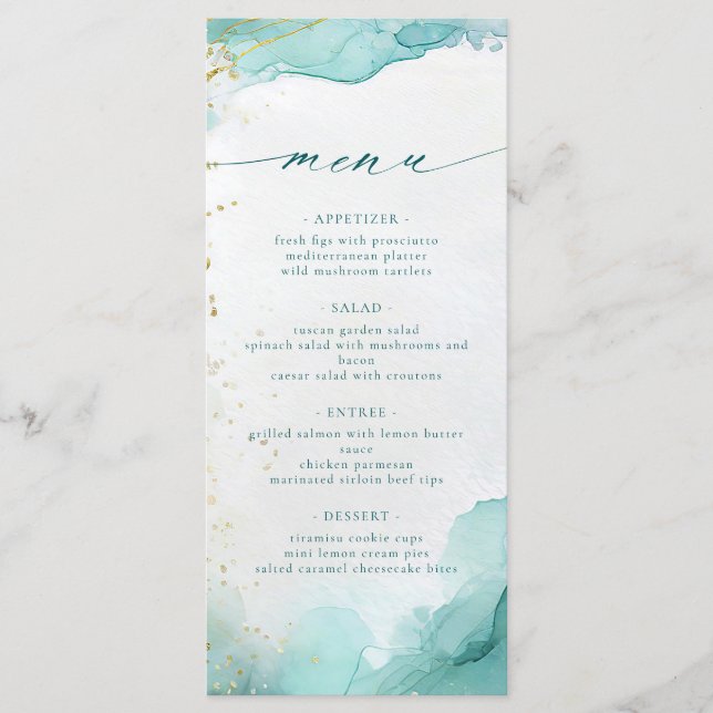 Menú Modern Teal Gold Abstract Beach Wedding (Anverso)
