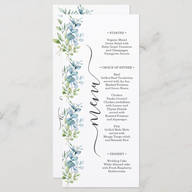 Menú Modern Watercolor Eucalyptus Greenery Wedding (Anverso / Reverso)