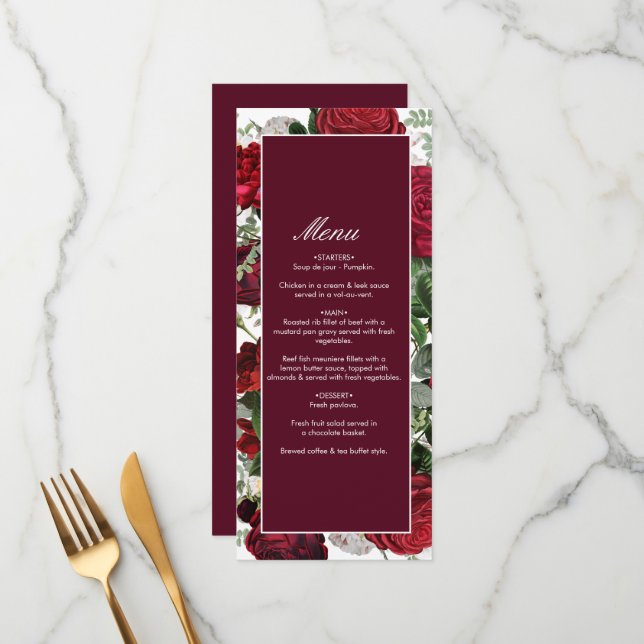 Menú Moderna acuarela floral de Borgoña Elegante Boda (Anverso/Reverso In Situ)