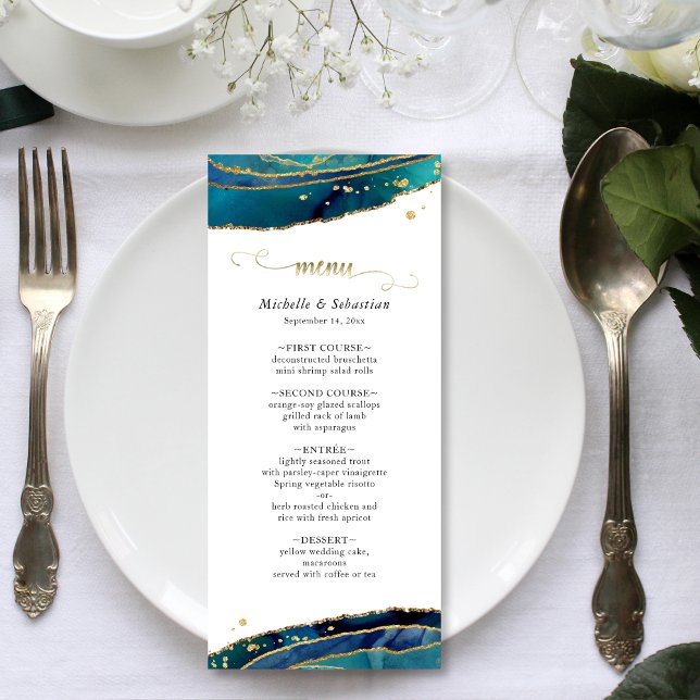 Menú Moderna acuarela Verde azulada Agate de oro Geode  (Modern Teal Watercolor Gold Agate Geode Wedding Menu)