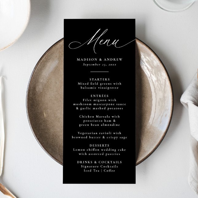 Menú Moderna caligrafía elegante Boda blanco y negro (Subido por el creador)