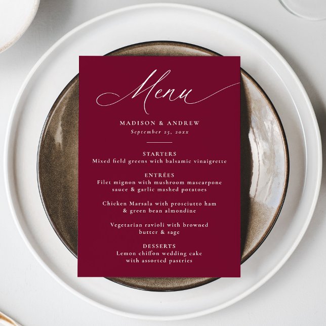 Menú Moderna caligrafía elegante Boda de Borgoña (Subido por el creador)