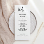 Menú Moderna Mínima Negrita Caligrafía Boda Cena<br><div class="desc">Esta moderna tarjeta de menú boda minimalista incluye caligrafía en negrita y una letra simple para el menú boda sobre fondo blanco en el frente y un respaldo sólido negro. Perfecto para un boda moderno pero clásico u otro evento, boda con un tema de color blanco y negro o boda...</div>