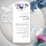 Menú Moderna Moda elegante Boda morado y floral azul<br><div class="desc">Relájese con esta elegante carta de menú nupcial con un toque moderno y elegante. Diseño con delicados detalles florales de acuarela en la parte superior en una hermosa mezcla de tonos morados y azules. Uso de la tipografía de bloques modernos en negro. Posibilidad de personalizar todas las secciones de texto...</div>