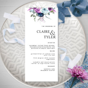 Menú Moderna Moda elegante Boda morado y floral azul