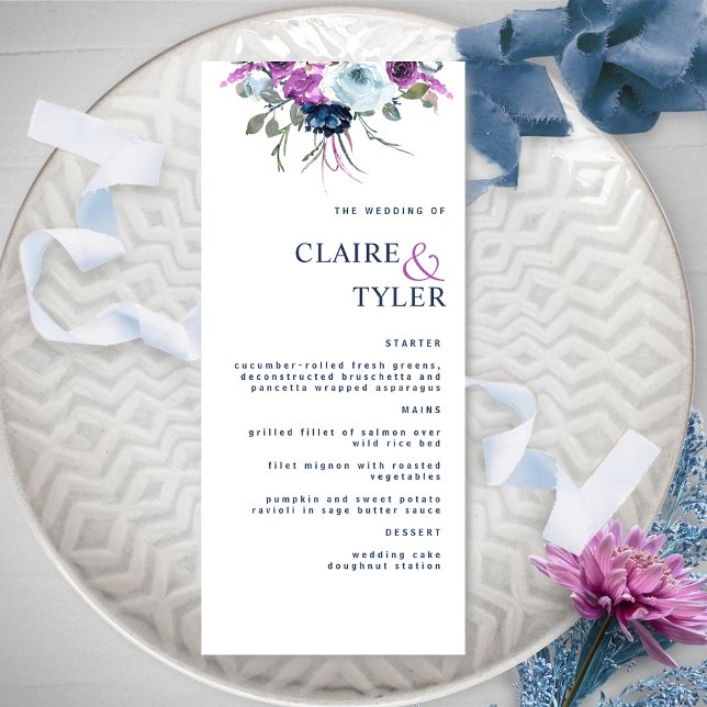 Menú Moderna Moda elegante Boda morado y floral azul (Subido por el creador)