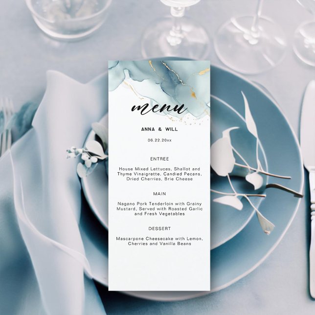 Menú Moderna playa de verano azul turquesa Boda románti (dusty blue gold modern beach wedding menu elegant bohemian romantic chic summer classy simple)