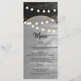 Menú Moderna Rustic Black Wood Gold Lights Arch Boda
