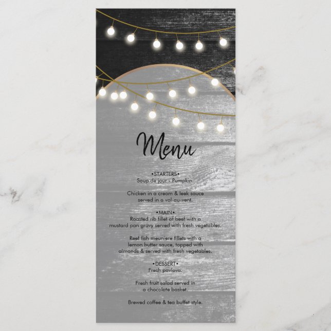 Menú Moderna Rustic Black Wood Gold Lights Arch Boda (Anverso)