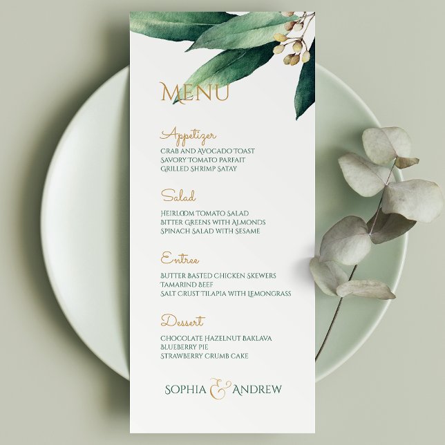 Menú Moderna vegetación botánica pintada boda rústico (Modern painted botanical greenery rustic wedding menu)