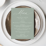 Menú Moderna y elegante caligrafía Sage Green Boda<br><div class="desc">Añade un toque de elegancia a tu recepción nupcial con este hermoso menú boda, con "Menú" en sofisticada caligrafía blanca sobre un tranquilo fondo verde sabio. Este diseño moderno, sencillo y elegante permite a las parejas personalizar su menú con nombres, fechas bodas y detalles de las comidas con letras en...</div>