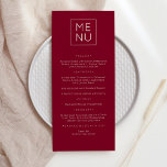 Menú Moderna y elegante carta de Borgoña<br><div class="desc">Boda moderna y elegante, menú Fiesta o aniversario. Un diseño elegante en burdeos y blanco o cualquier color de fondo que elijas. Simplemente haga clic en el enlace personalizar adicional, que se muestra bajo el área de personalización de texto a la derecha, y elija el fondo de color personalizado. Esta...</div>