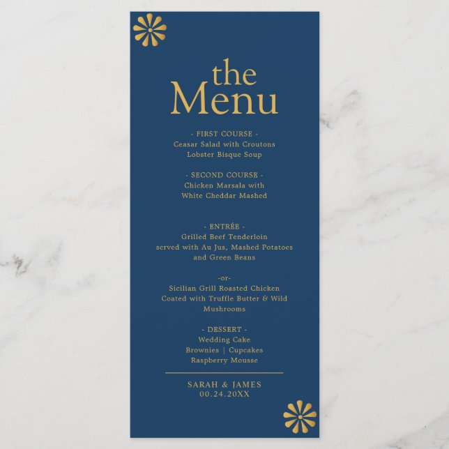 Menú Moderna y elegante carta de cena con marco dorado  (Anverso)
