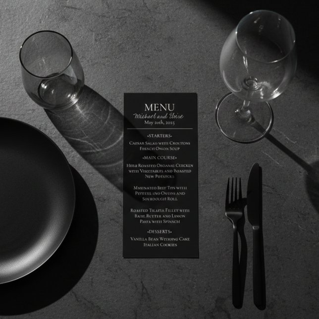 Menú Moderna y elegante cena Boda en blanco y negro (Modern Black Formal Wedding Menu)