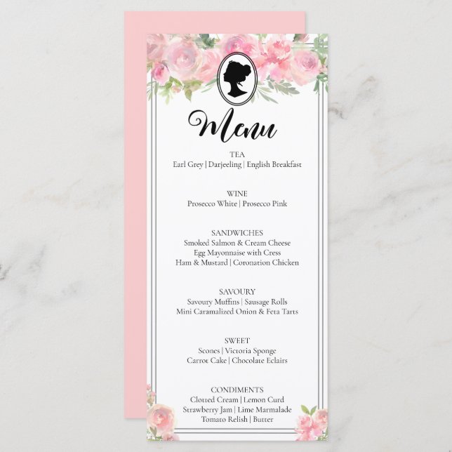 Menú Modernas flores rosadas Bridgerton Bridal Shower M (Anverso / Reverso)