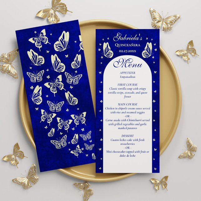 Menú Modernas mariposas Royal Gold Quinceañera (Modern Royal Blue Gold Butterflies Quinceañera Menu)