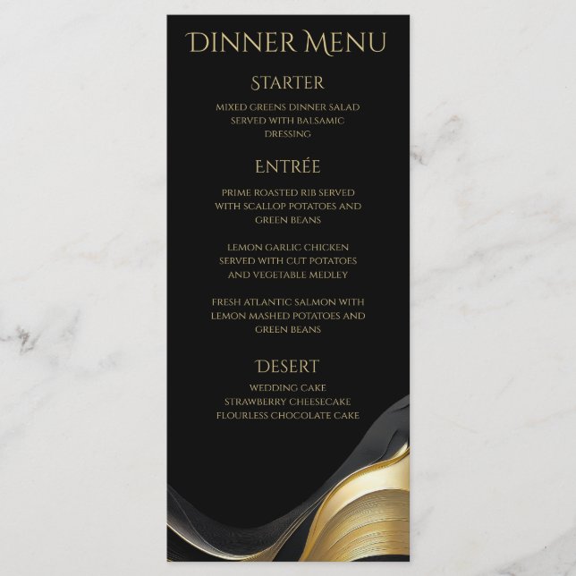 Menú Moderno bar y cena Boda negro y dorado (Anverso)