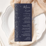 Menú Moderno Boda de borde Purpurina de color azul oscu<br><div class="desc">El lado izquierdo de este elegante y moderno menú boda presenta un diseño purpurina de imitación plateada. El texto del personalizable combina la escritura a mano gris plateado, el copperplate y las fuentes cursivas en un fondo azul marino oscuro. El reverso presenta un diseño purpurina a juego con el azul...</div>