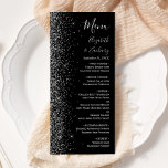 Menú Moderno Boda de borde Purpurina negro plateado<br><div class="desc">El lado izquierdo de este elegante y moderno menú boda presenta un diseño purpurina de imitación plateada. El texto del personalizable combina la escritura a mano gris plateado,  la copperplate y las fuentes cursivas en un fondo negro. El reverso presenta un diseño purpurina negro y plateado a juego.</div>