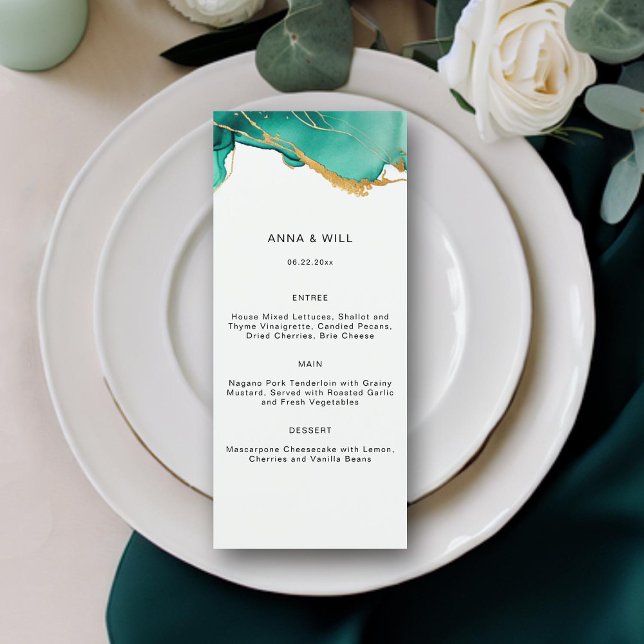 Menú Moderno Boda de Moda de verano Verde azulado de or (emerald green gold teal beach wedding menu summer waves modern elegant romantic bohemian)