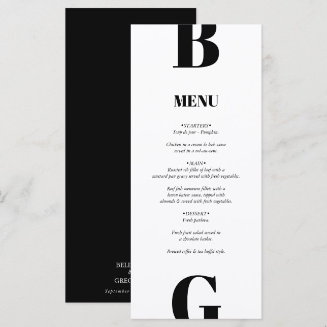 Menú Moderno Boda de Monograma Blanco y Negro Minimalis (Anverso / Reverso)