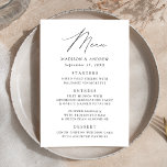 Menú Moderno Boda elegante en blanco y negro<br><div class="desc">Menú de bodas sencillo y elegante con "Menú" presentado en un guión negro moderno con fondo blanco o color de su elección. Personalice el menú boda agregando los nombres,  la fecha del boda y la información del menú. Diseñado para coordinar con nuestra colección de bodas Modern Elegance.</div>