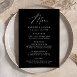 Menú Moderno Boda elegante en blanco y negro<br><div class="desc">Menú de bodas sencillo y elegante con "Menú" presentado en un guión blanco moderno con fondo negro o color de su elección. Personalice el menú boda agregando los nombres,  la fecha del boda y la información del menú. Diseñado para coordinar con nuestra colección de bodas Modern Elegance.</div>