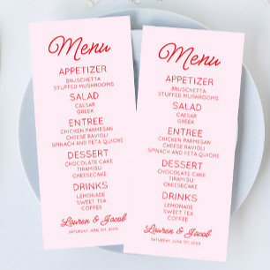Menú Moderno Boda Minimalista Mínimo Rosa y Rojo