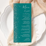 Menú Moderno Boda perimetral de Purpurina de plata azul<br><div class="desc">El lado izquierdo de este elegante y moderno menú boda presenta un diseño purpurina de imitación plateada. El texto del personalizable combina la escritura a mano gris plateado, el copperplate y las fuentes cursivas en un fondo azul verde azulado. El reverso presenta un diseño purpurina verde azulado y plateado a...</div>