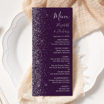 Menú Moderno Boda perimetral Purpurina morado-dorado-ne<br><div class="desc">El lado izquierdo de este elegante y moderno menú boda presenta un diseño purpurina de imitación plateada. El texto del personalizable combina la escritura a mano gris plateado, el copperplate y las fuentes cursivas en un fondo morado oscuro. El reverso presenta un diseño de purpurina morado y plateado a juego....</div>