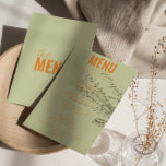 Menú Moderno Boda único y brillante con clase<br><div class="desc">Un colorido menú retro funky moderno y luminoso para la cena boda. Que presenta el diseño de plantillas de moda de fondo verde claro boho y tipografía naranja y menú negrita en naranja. Perfecto y a juego con la suite.</div>
