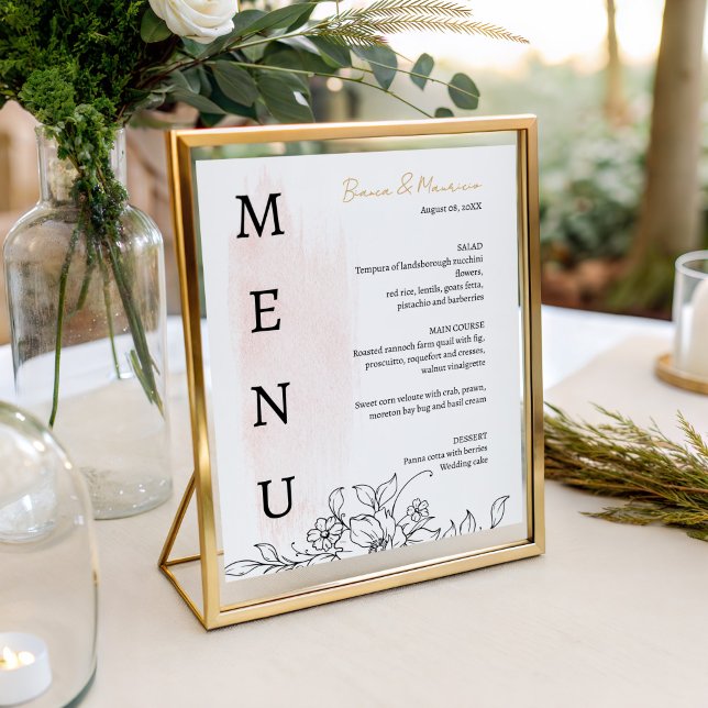 Menú Moderno con acuarela Rubor y florales negras (Modern with Blush Watercolor and Black Florals Menu)