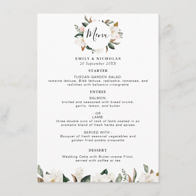 menú moderno de boda floral de magnolia (Anverso)