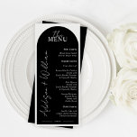 Menú moderno de Bodas en arco blanco y negro<br><div class="desc">Este moderno menú de Bodas en blanco y negro es perfecto para mostrar las opciones de comidas en su día especial. Editar usando la herramienta de diseño para interminables opciones de color.</div>