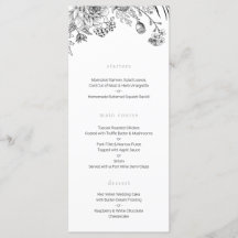 Menú moderno de bodas florales en blanco y negro
