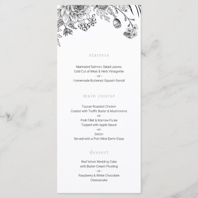 Menú moderno de bodas florales en blanco y negro (Anverso)