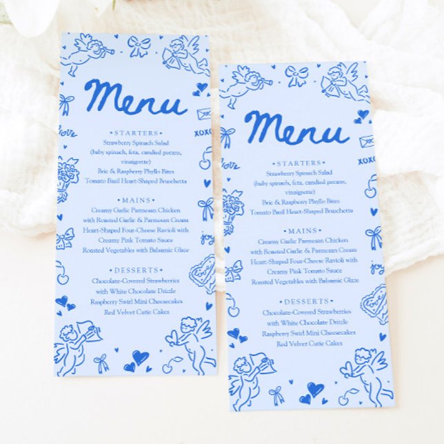 Menú moderno de San Valentín con corazones azules  (Modern Blue Hearts Hand Drawn Valentine Menu)