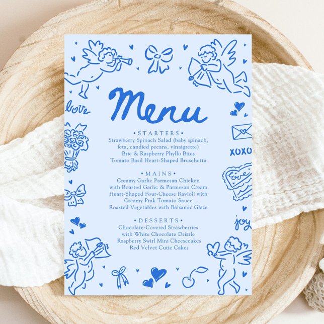 Menú moderno de San Valentín con corazones azules  (Modern Blue Hearts Hand Drawn Valentine Menu)