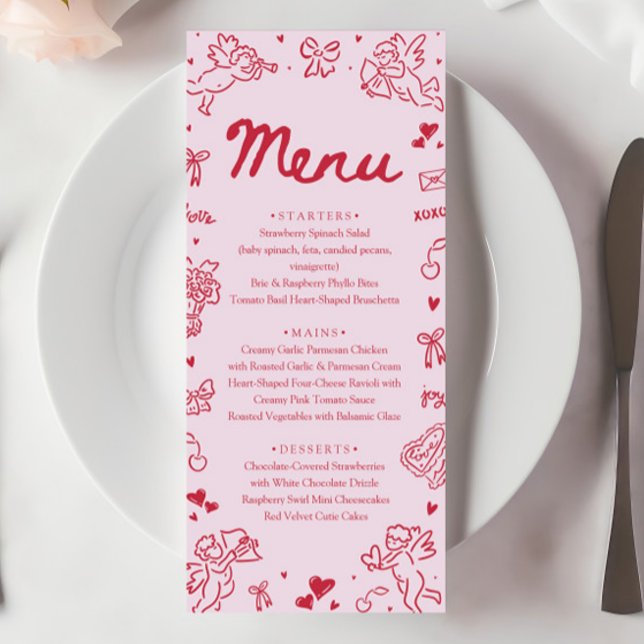 Menú moderno de San Valentín con corazones rojos r (Modern Pink Red Hearts Hand Drawn Valentine Menu)