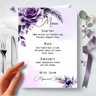Menú Moderno, elegante Boda floral morado y plateado